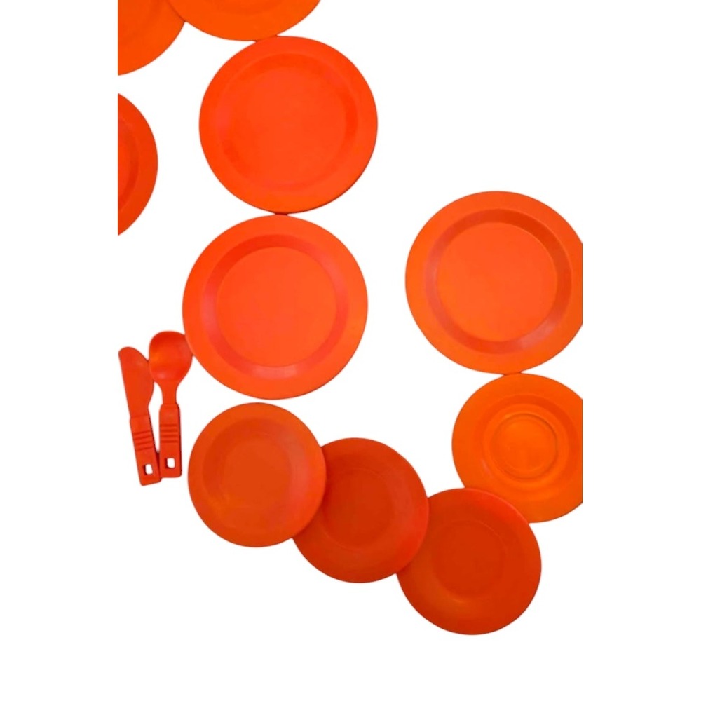 Vintage Orange Plastic Toy Dishes Utensil Salt Shaker Set 17 Pieces Kids Kitchen